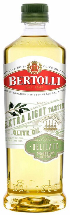 BERTOLLI BERTOLLI DAL 1865 WORLD'S NO. 1 - OLIVE OIL BRAND BRAND ESTABLISHED IN 1865 IN LUCCA, TUSCANY EXTRA LIGHT TASTING OLIVE OIL SELECTED OLIVE OILS FROM SPAIN AND TUNISIA PIONEER EXPORTER OF OLIVE OIL TO THE USA BERTOLLI HIGH HEAT COOKING DELICATE 500ML (16.9 FL OZ) (1 PT 0.9 OZ) DAL 1865