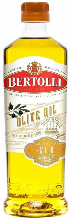 BERTOLLI DAL 1865 WORLD'S NO. 1 OLIVE OIL BRAND BRAND ESTABLISHED IN 1865 IN LUCCA, TUSCANY OLIVE OIL OVER 150 YEARS OF EXPERTISE SELECTED OLIVE OILS FROM SPAIN AND TUNISIA. PIONEER EXPORTER OF OLIVE OIL TO THE USA BERTOLLI SMOOTH TASTE MILD 500 ML (16.9 FL OZ) (1PT 0.9 OZ)