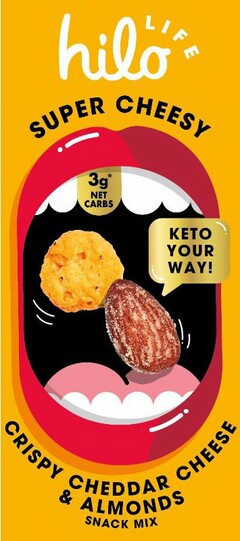 HILO LIFE SUPER CHEESY 3G* NET CARBS KETO YOUR WAY! CRISPY CHEDDAR CHEESE & ALMONDS SNACK MIX