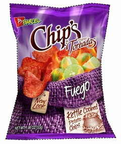 B BARCEL CHIP'S BY PAPAS TOREADAS FUEGO NEW LOOK KETTLE COOKED POTATO CHIPS