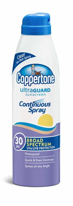 COPPERTONE ULTRAGUARD SUNSCREEN CONTINUOUS SPRAY CLEAR NO-RUB SPRAY BROAD SPECTRUM UVA/UVB PROTECTION WATERPROOF QUICK & EVEN COVERAGE SPRAYS AT ANY ANGLE