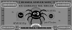 RUSSELL STOVER NOTE 1,000,000,000 IN GOBLINS WE TRUST 1,000,000,000 31 ONE BILLION BOO 10311031 31 NET WT 2 OZ (57 G) WEBSTER JACK O' LANTERN 31 1,000,000,000 SOLID MILK CHOCOLATE 1,000,000,000