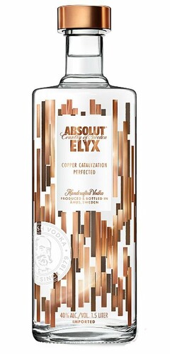ABSOLUT COUNTRY OF SWEDEN ELYX COPPER CATALYZATION PERFECTED HANDCRAFTED VODKA PRODUCED & BOTTLED IN AHUS, SWEDEN