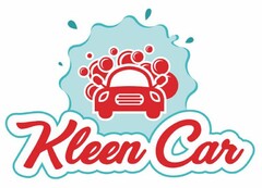 A BLUE WATER IMAGE SURROUNDING A RED CAR THAT HAS RED BUBBLES PROTRUDING FROM IT WITH THE WORDS, "KLEEN CAR" AT THE BOTTOM OF THE LOGO.