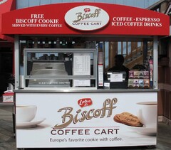 LOTUS BISCOFF COFFEE CART EUROPE'S FAVORITE COOKIE WITH COFFEE FREE BISCOFF COOKIE SERVED WITH EVERY COFFEE COFFEE ESPRESSO ICED COFFEE DRINK