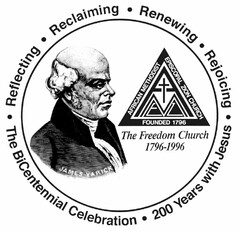 THE MARK CONSISTS OF A SINGLE LINE CIRCLE WITH THE STYLIZED WORDS "REFLECTING RECLAIMING RENEWING REJOICING" SURROUNDING THE TOP EXTERIOR AND THE STYLIZED WORDS "THE BICENTENNIAL CELEBRATION" AND "200 YEARS WITH JESUS" SURROUNDING THE BOTTOM EXTERIOR. THE WORDS ARE SEPARATED BY PERIODS. THE BUST OF A MAN IS FEATURED INSIDE THE CIRCLE, BELOW WHICH APPEARS THE WORDS "JAMES VARICK". TO THE RIGHT OF THE BUST IS A LINE TRIANGLE FEATURING THE STYLIZED WORDING "AFRICAN METHODIST EPISCOPAL ZION CHURCH" AND "FOUNDED 1796" WITHIN THE TRIANGLE LINES. WITHIN THE TRIANGLE IS A CROSS AND THE STYLIZED LETTERS "AMEZ", WITH THE "E" AND "Z" WITHIN SHADED TRIANGLES. BELOW THE TRIANGLE DESIGN ARE THE STYLIZED WORDS "THE FREEDOM CHURCH" AND "1796-1996