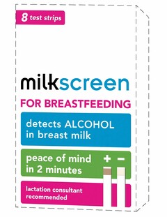 8 TEST STRIPS MILKSCREEN FOR BREASTFEEDING DETECTS ALCOHOL IN BREAST MILK PEACE OF MIND IN 2 MINUTES LACTATION CONSULTANT RECOMMENDED + -