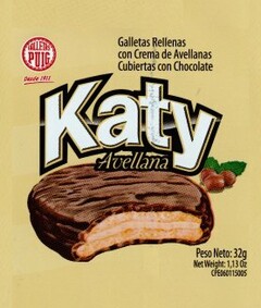 GALLETAS PUIG DESDE 1911 GALLETAS RELLENAS CON CREMA DE AVELLANAS CUBIERTAS CON CHOCOLATE KATY AVELLANA PESO NETO 32G NET WEIGHT 1,13 OZ