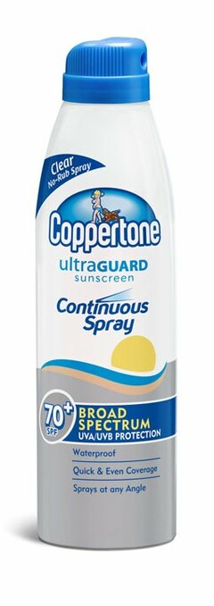 COPPERTONE ULTRAGUARD SUNSCREEN CONTINUOUS SPRAY CLEAR NO-RUB SPRAY BROAD SPECTRUM UVA/UVB PROTECTION WATERPROOF QUICK & EVEN COVERAGE SPRAYS AT ANY ANGLE