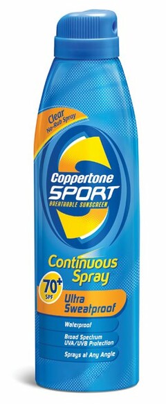 S COPPERTONE SPORT SUNSCREEN CLEAR NO-RUB SPRAY CONTINUOUS SPRAY ULTRA SWEATPROOF WATERPROOF BROAD SPECTRUM UVA/UVB PROTECTION SPRAYS AT ANY ANGLE