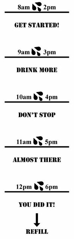 8AM 2PM GET STARTED! 9AM 3PM DRINK MORE 10AM 4 PM DON'T STOP 11AM 5 PM ALMOST THERE 12PM 6PM YOU DID IT! REFILL