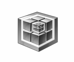 THERE ARE NO WORDS, PUNCTUATION OR NUMBERS ON THIS MARK. IT CONSISTS ONLY OF GRAPHIC ELEMENTS. THE MARK CONSISTS OF A CUBIC FIGURE CONTAINING FOUR CUBES STACKED ON FOUR CUBES, WITH THE BACK BOTTOM CUBE HIDDEN. THE TOP FRONT CUBE IS COMPOSED OF EIGHT SMALLER CUBES, WITH THE BACK BOTTOM CUBE HIDDEN, AND THE TOP FRONT CUBE HAVING GEAR FIGURES ON THREE OF ITS FACES. THERE IS A SPECIFIC COLOR SCHEME THAT USES LIGHT, DARK AND ULTRA-DARK SHADES OF BLUE AND HAS WHITE SPACE WITHIN THE GRAPHIC.