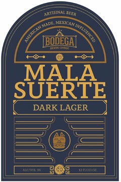 ARTISINAL BEER AMERICAN MADE, MEXICAN INFLUENCED LA BODEGA BREWING COMPANY MALA SUERTE DARK LAGER ALC/VOL 5% 12 FLUID OZ.