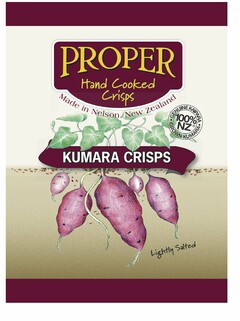 PROPER HAND COOKED CRISPS MADE IN NELSON, NEW ZEALAND, KUMARA CRISPS GENUINE KAIPARA 100% NZ GROWN KUMARA LIGHTLY SALTED