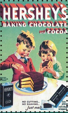 HERSHEY'S, BAKING CHOCOLATE, AND COCOA, BAKING DRINKING CHOCOLATE, NO CUTTING, NO SHAVING, JUST MELT, 1. OZ PIECES INDIVIDUALLY WRAPPED, THE GREATEST COCOA SALES ON EARTH