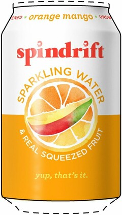 SPINDRIFT, * ORANGE MANGO *, UNSWEETENED, SPARKLING WATER, & REAL SQUEEZED FRUIT, YUP, THAT'S IT.