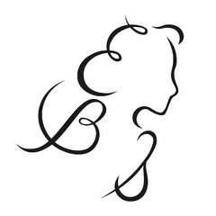 THE WOMAN CONSISTS OF LATIN CHARACTERS, HAIR AS STYLIZED E, BACK AS STYLIZED B, FACE AS OPENED UP ABSTRACT B, FRONT AS STYLIZED B