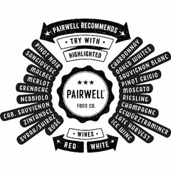 PAIRWELL RECOMMENDS TRY WITH HIGHLIGHTED PAIRWELL FOOD CO. WINES RED WHITE PINOT NOIR SANGIOVESE MALBEC GRENACHE NEBBIOLO CAB. SAUVIGNON ZINFANDEL SYRAH/SHIRAZ ROSE CHARDONNAY OAKED WHITE SAUVIGNON BLANC PINOT GRIGIO MOSCATO RIESLING CHAMPAGNE GEWURZTRAMINER LATE HARVEST ICE WINE