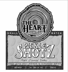 THE HEART DISTILLERY PICKLE SHOTZ PICKLE FLAVORED VODKA SMALL BATCH MADE WITH DILL PICKLE & 3 - PEPPER BRINE 60 PROOF | ALC 30% BY VOL | 750 ML