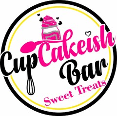 UNIQUE DRAWN LETTERS THAT SPELL CUPCAKISH BAR. AT THE TOP OF THE LETTER K IN CAKEISH HAS A TWIRL TURNING INTO A SPOON. THE LETTER P AT THE END OF CUP HAS A WHISK CONNECTED TO THE BOTTOM OF IT. ABOVE THE I IN CAKEISH IS A HEART. A JAR IS ABOVE THE SPOON WITH A TWIRL OF ICING AND FOUR BLACK HEARTS. BELOW THE WORDS CUPCAKEISH BAR IS NORMAL FONT WITH THE WORDING SWEET TREATS.
