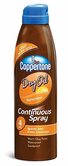 COPPERTONE DRY OIL SUNSCREEN CLEAR NO-RUB SPRAY CONTINUOUS SPRAY QUICK AND EVEN COVERAGE WON'T CLOG PORES WATERPROOF SANDPROOF