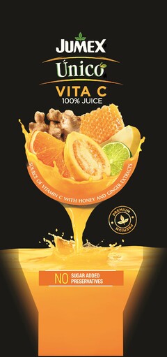 JUMEX ÚNICO VITA C 100% JUICE SOURCE OFVITAMIN C WITH HONEY AND GINGER EXTRACTS PREMIUM · PREMIUM NO SUGAR ADDED PRESERVATIVES