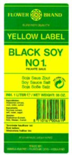 FLOWER BRAND YELLOW LABEL PIKANTE SAUS BLACK SOY NO 1.