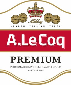 A. LeCoq PREMIUM Pehmemaitseline hele kvaliteetõlu aastast 1807 JURJEW 1903 SUUR KULDMEDAL TALLINN 1923 SUUR KULDAURAHA RIGA 1898 GOLDENE MEDAILLE JURJEW 1893 LONDON TALLINN TARTU