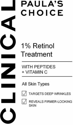 CLINICAL PAULA'S CHOICE 1% Retinol Treatment WITH PEPTIDES + VITAMIN C All Skin Types TARGETS DEEP WRINKLES REVEALS FIRMER-LOOKING SKIN
