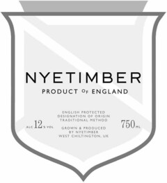 NYETIMBER PRODUCT OF ENGLAND ENGLISH PROTECTED DESIGNATION OF ORIGIN TRADITIONAL METHOD GROWN & PRODUCED BY NYETIMBER WEST CHILTINGTON, UK ALC 12% VOL 750 ML