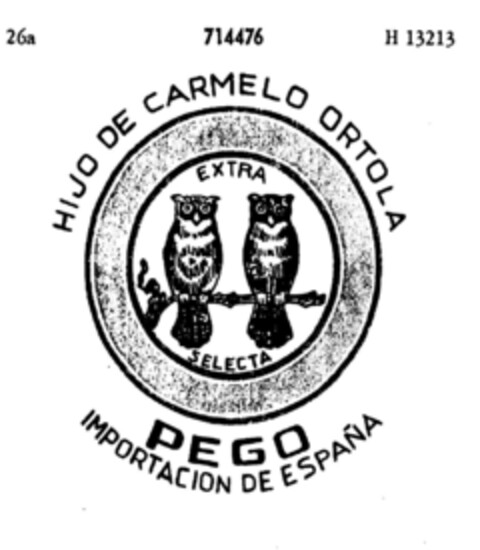 PEGO HIJO DE CARMELO ORTOLA IMPORTACION DE ESPANA EXTRA SELECTA Logo (DPMA, 17.05.1957)