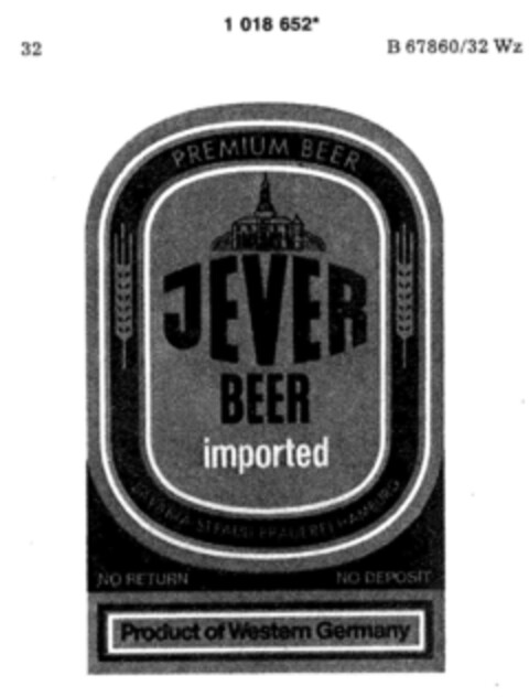 JEVER BEER imported PREMIUM BEER Logo (DPMA, 29.04.1981)