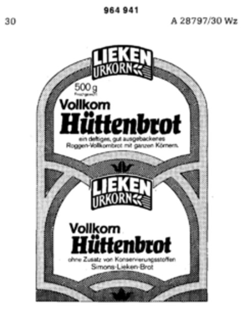 LIEKEN URKORN Vollkorn Hüttenbrot Logo (DPMA, 08.12.1976)