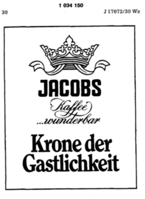 JACOBS Kaffee...wunderbar Krone der Gastlichkeit Logo (DPMA, 26.09.1981)