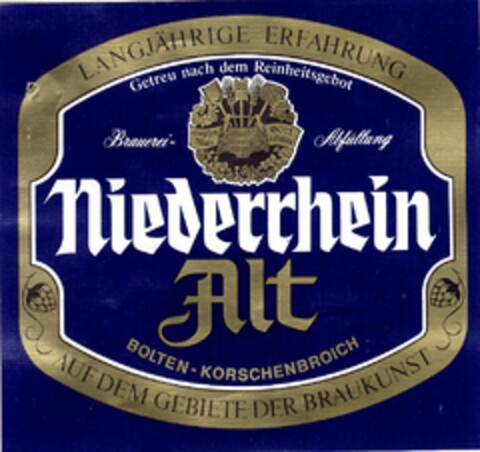 LANGJÄHRIGE ERFAHRUNG Getreu nach dem Reinheitsgebot Brauerei-Abfüllung Niederrhein Alt BOLTEN-KORSCHENBROICH AUF DEM GEBIETE DER BRAUKUNST Logo (DPMA, 21.09.2005)