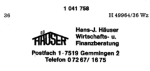 Häuser Hans-J. Häuser Wirtschafts- u. Finanzberatung Logo (DPMA, 17.04.1982)