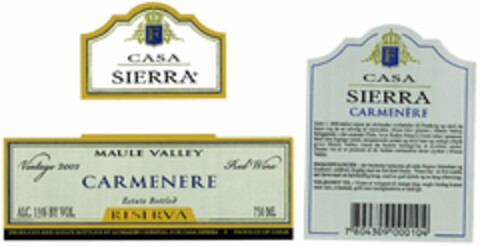 CASA SIERRA CARMENERE Logo (DPMA, 20.06.2003)