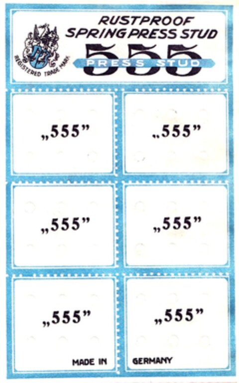 RUSTPROOF SPRING PRESS STUD "555" Logo (DPMA, 08/04/1933)