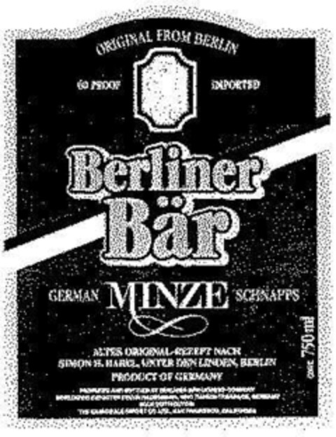 Berliner Bär GERMAN MINZE SCHNAPPS Logo (DPMA, 03.06.1986)