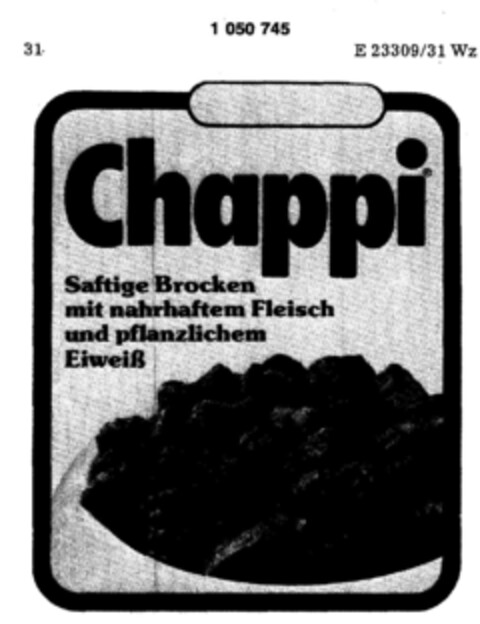 Chappi Saftige Brocken mit nahrhaftem Fleisch und pflanzlichem Eiweiß Logo (DPMA, 12/03/1982)