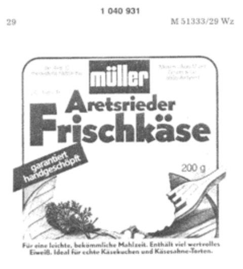 müller Aretsrieder Frischkäse Logo (DPMA, 19.04.1982)