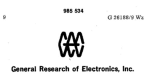 GRE General Research of Electronics, Inc. Logo (DPMA, 08/07/1978)