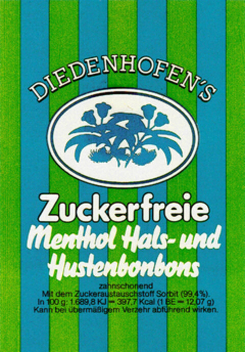 DIEDENHOFEN`S Zuckerfreie Menthol Hals- und Hustenbonbons Logo (DPMA, 07.02.1984)