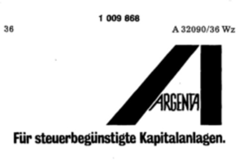 A ARGENTA Für steuerbegünstigte Kapitalanlagen. Logo (DPMA, 05/17/1979)