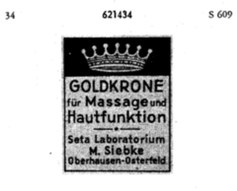 GOLDKRONE für Massage und Hautfunktion Seta Laboratorium Logo (DPMA, 06/05/1950)