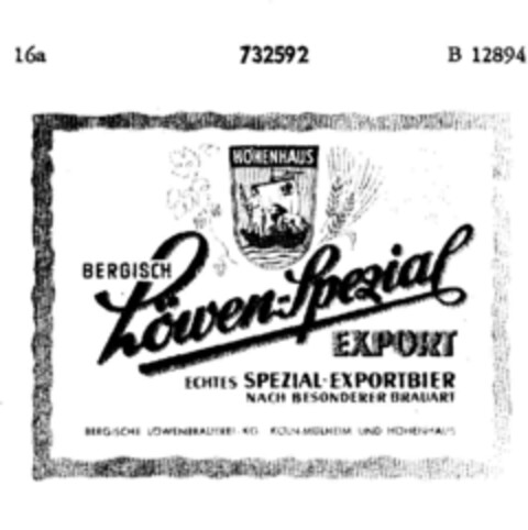 HÖHENHAUS BERGISCH Löwen-Spezial EXPORT Logo (DPMA, 10/18/1911)