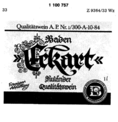 Baden Eckart Ruländer Qualitätswein Logo (DPMA, 06.05.1986)