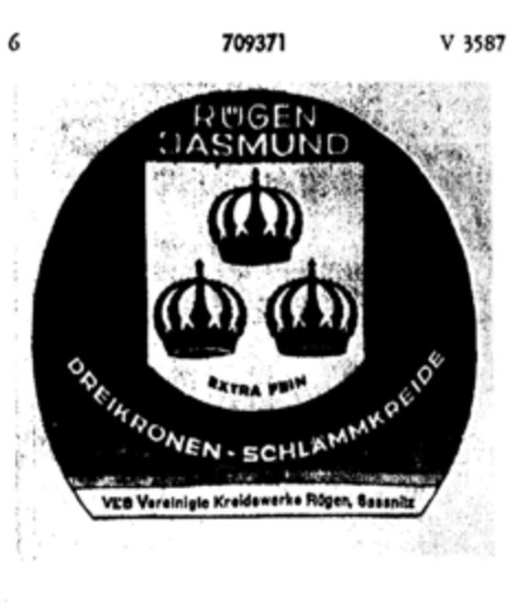 RÜGEN JASMUND EXTRA FEIN DREIKRONEN SCHLÄMMKREIDE Logo (DPMA, 07.03.1956)