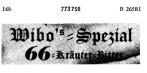 Wibo`s=Spezial 66=Kräuter=Bitter Logo (DPMA, 06.03.1962)