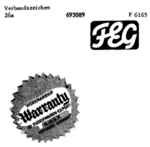 FEG WORKMANSHIP Warranty BY FLEISCHWAREN-EXPORT G.m.b.H. HAMBURG GERMANY Logo (DPMA, 13.09.1955)